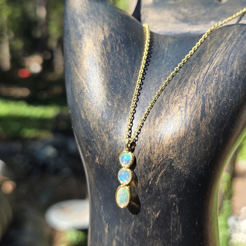 Opal Natural Gemstone Trio Sterling & Gold Necklace Sz24" 5k - Picture 5 of 9
